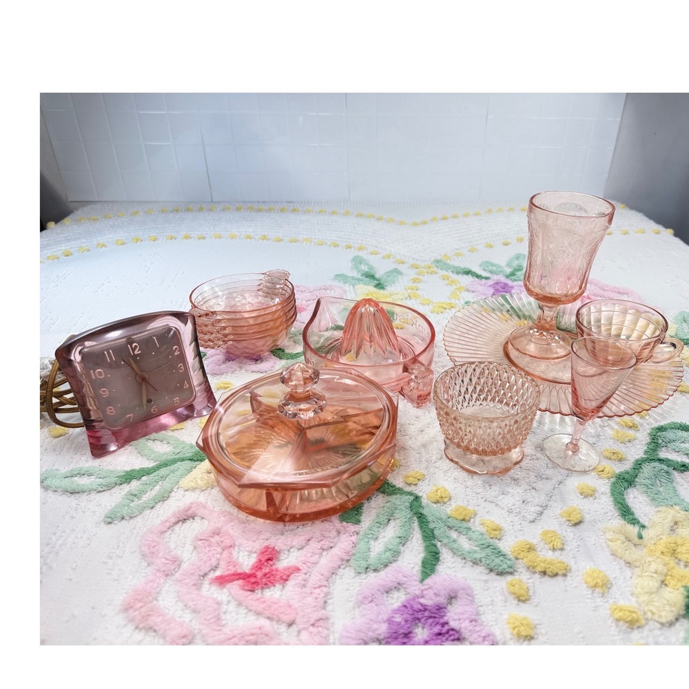 Vintage Pink Depression Glass Set Gilbert Clock Sunkist Juicer Candy Dish 13 pc